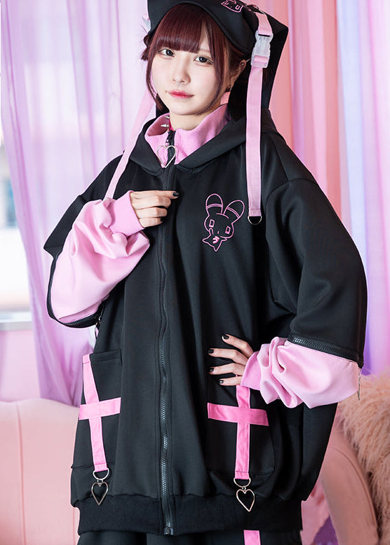 ACDC Rag Menhera-Chan Usatan Black Pink Oversized Zip Jacket on model — front view