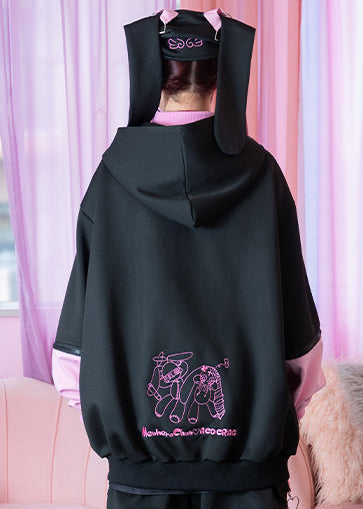 ACDC Rag Menhera-Chan Usatan Black Pink Oversized Zip Jacket on model — back view showing Menhera-Chan x ACDC Rag collab graphic