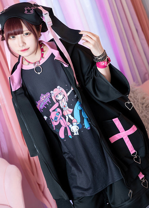 ACDC Rag Menhera-Chan Usatan Black Pink Oversized Zip Jacket on model full length — Rave