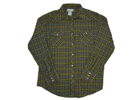 Men's Olive Green Plaid Casual Shirt with Snap Buttons0