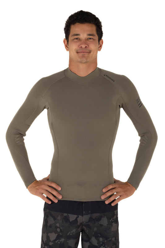 Male model wearing the Waihana Men's Ranger Green long-sleeve rear-zip surf rashguard top, shown from the front on a white background.