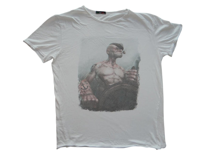 Men's White Graphic T Shirt with Popeye Print0