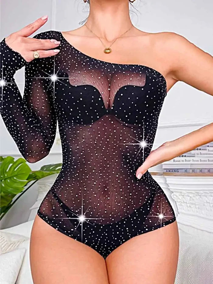 Mesh Bodysuit With Rhinestones - One-Shoulder Bodysuit