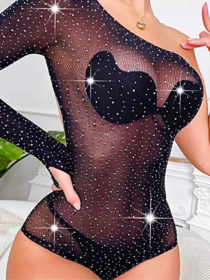 Mesh Bodysuit With Rhinestones - One-Shoulder Bodysuit