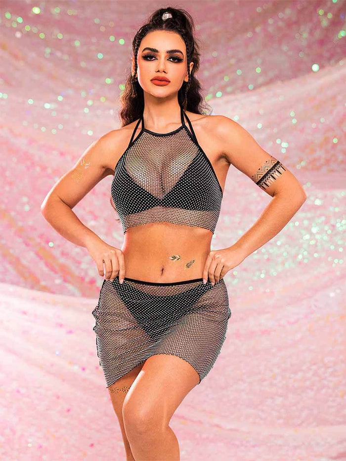 Mesh Two Piece Set - Black Mesh Rhinestone Set