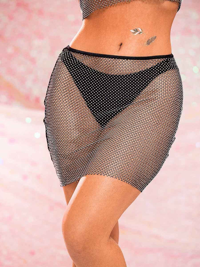 Mesh Two Piece Set - Black Mesh Rhinestone Set