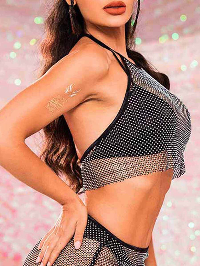 Mesh Two Piece Set - Black Mesh Rhinestone Set