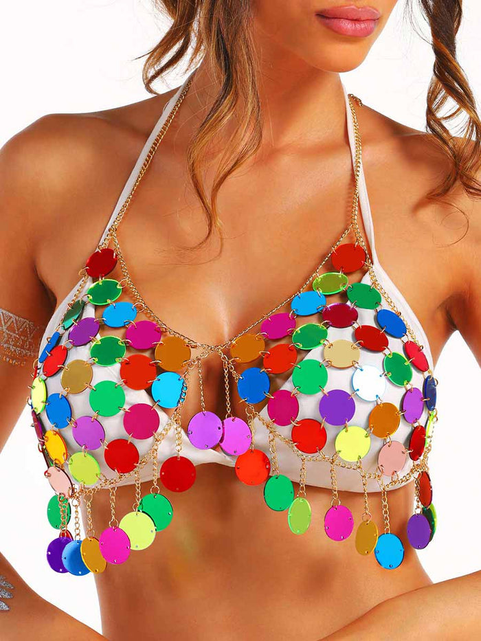 Metal Chain Rainbow Sequin Bra Top