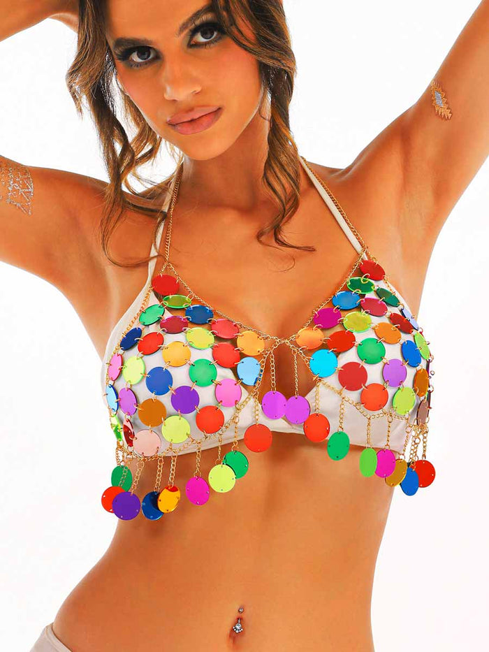 Metal Chain Rainbow Sequin Bra Top