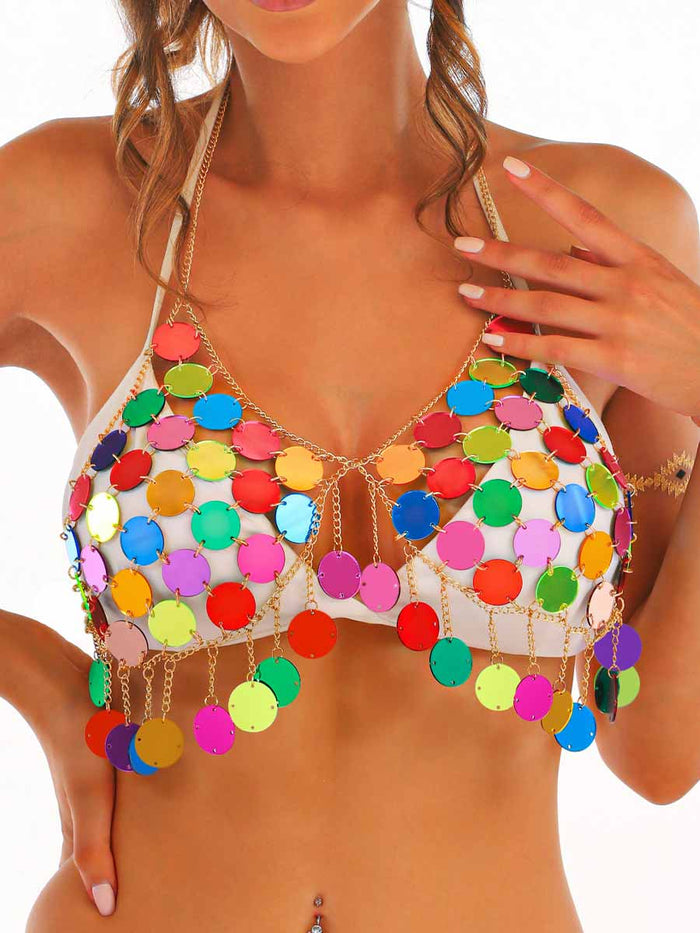 Metal Chain Rainbow Sequin Bra Top