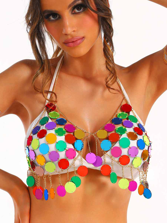 Metal Chain Rainbow Sequin Bra Top