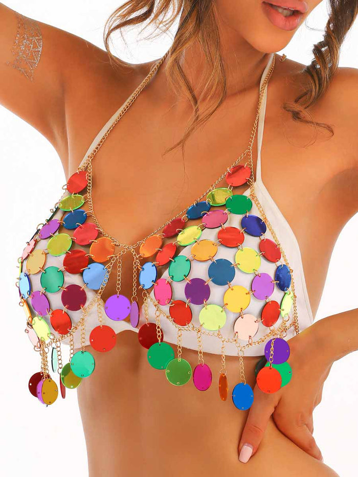 Metal Chain Rainbow Sequin Bra Top