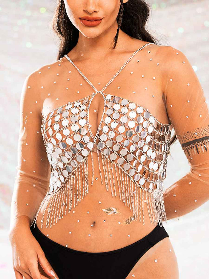 Metal Chain Silver Sequin Tassel Bra Top
