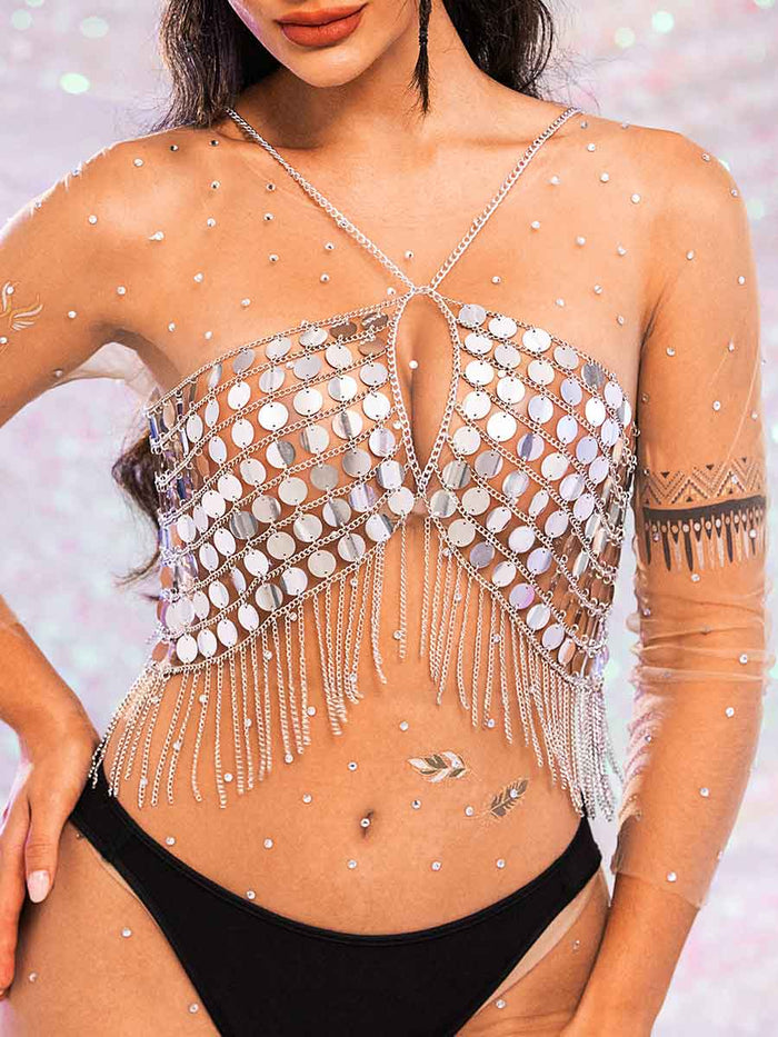 Metal Chain Silver Sequin Tassel Bra Top