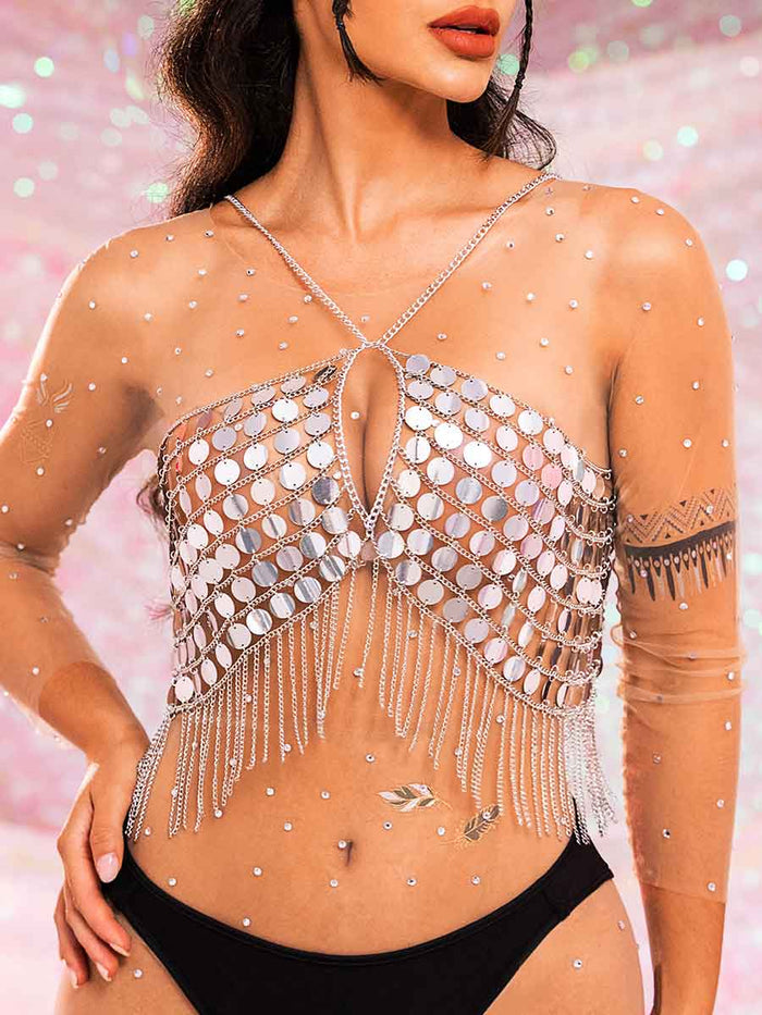 Metal Chain Silver Sequin Tassel Bra Top