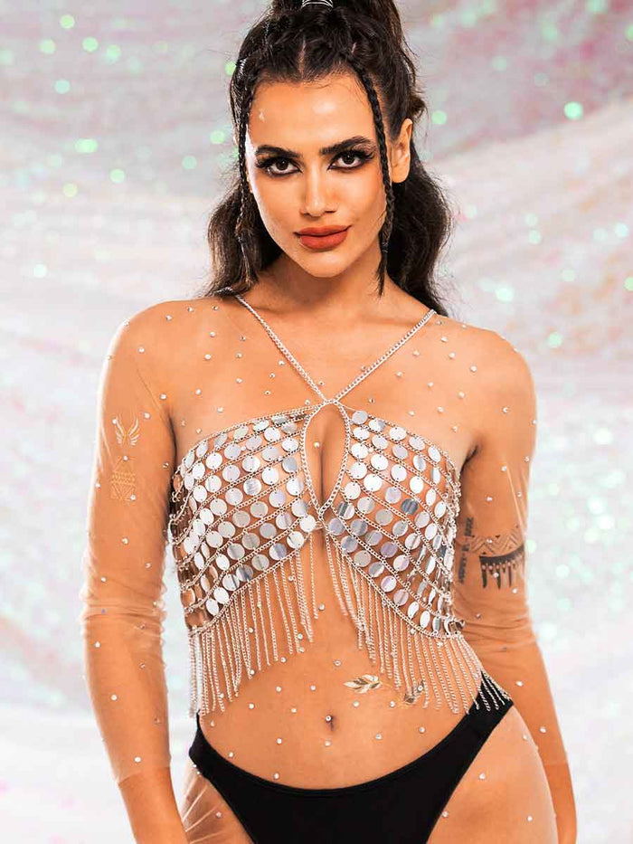 Metal Chain Silver Sequin Tassel Bra Top