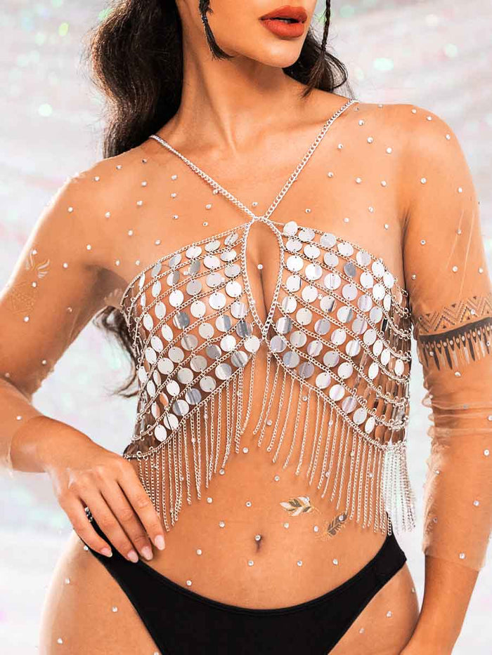 Metal Chain Silver Sequin Tassel Bra Top