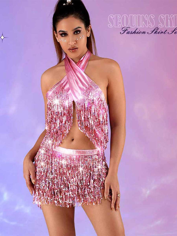 Metallic Pink Sequin Tassel Two-Piece Set
