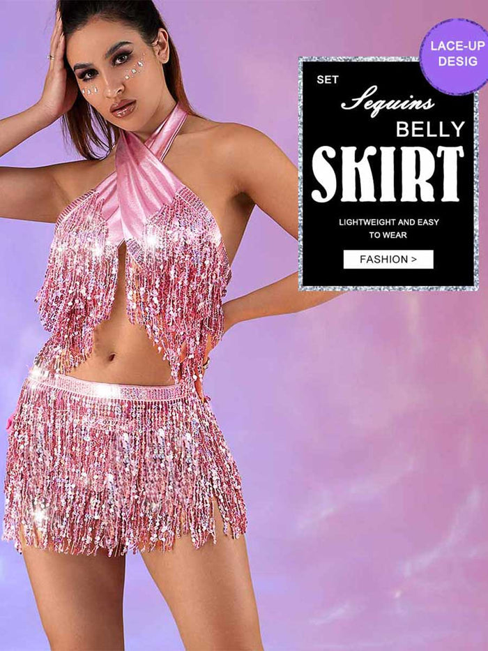 Metallic Pink Sequin Tassel Two-Piece Set