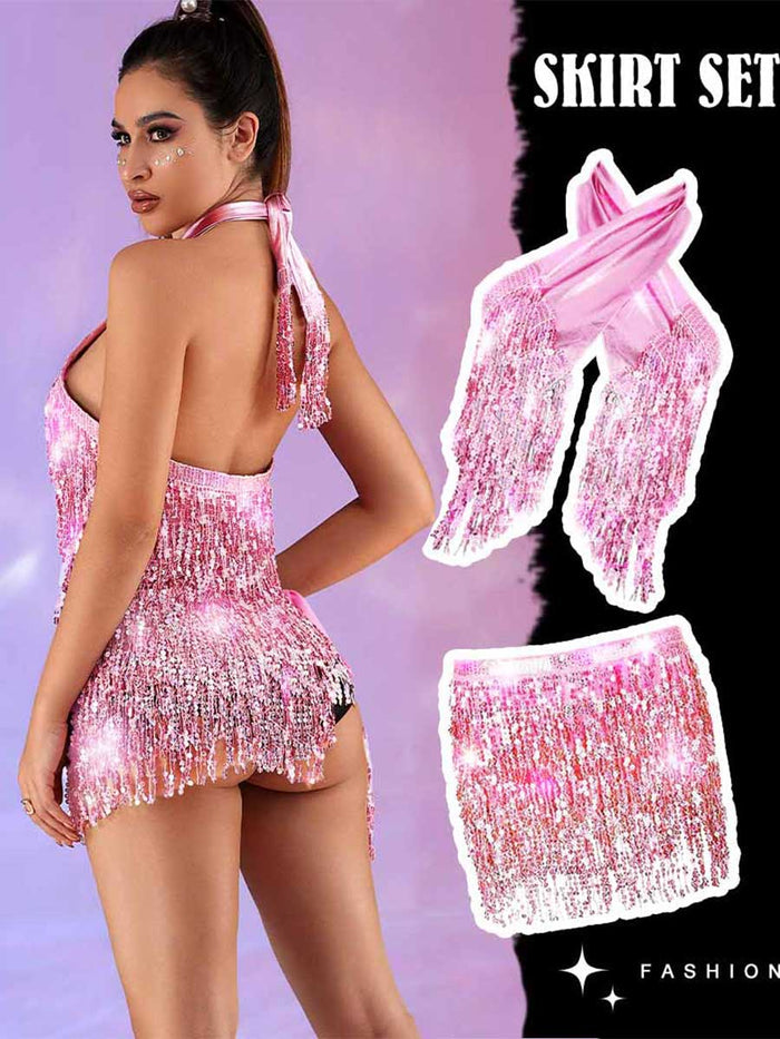Metallic Pink Sequin Tassel Two-Piece Set