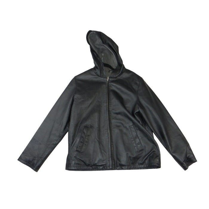 Metrostyle Womens Black Leather Hooded Jacket Zip Front Lined 29 9623 9 Size M0
