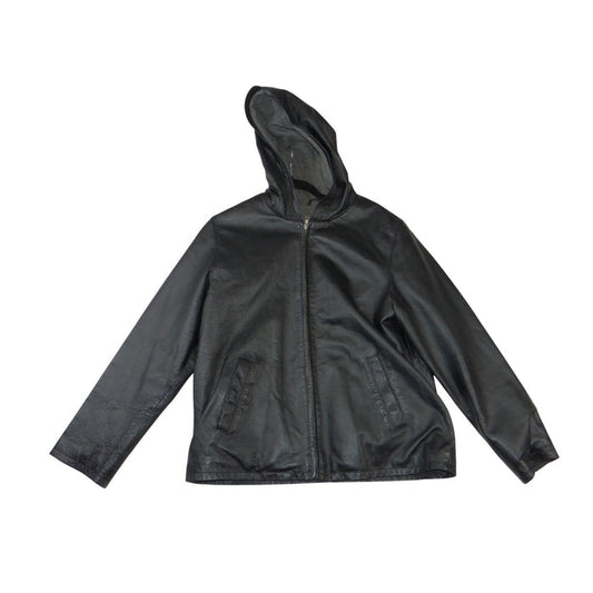 Metrostyle Womens Black Leather Hooded Jacket Zip Front Lined 29 9623 9 Size M0