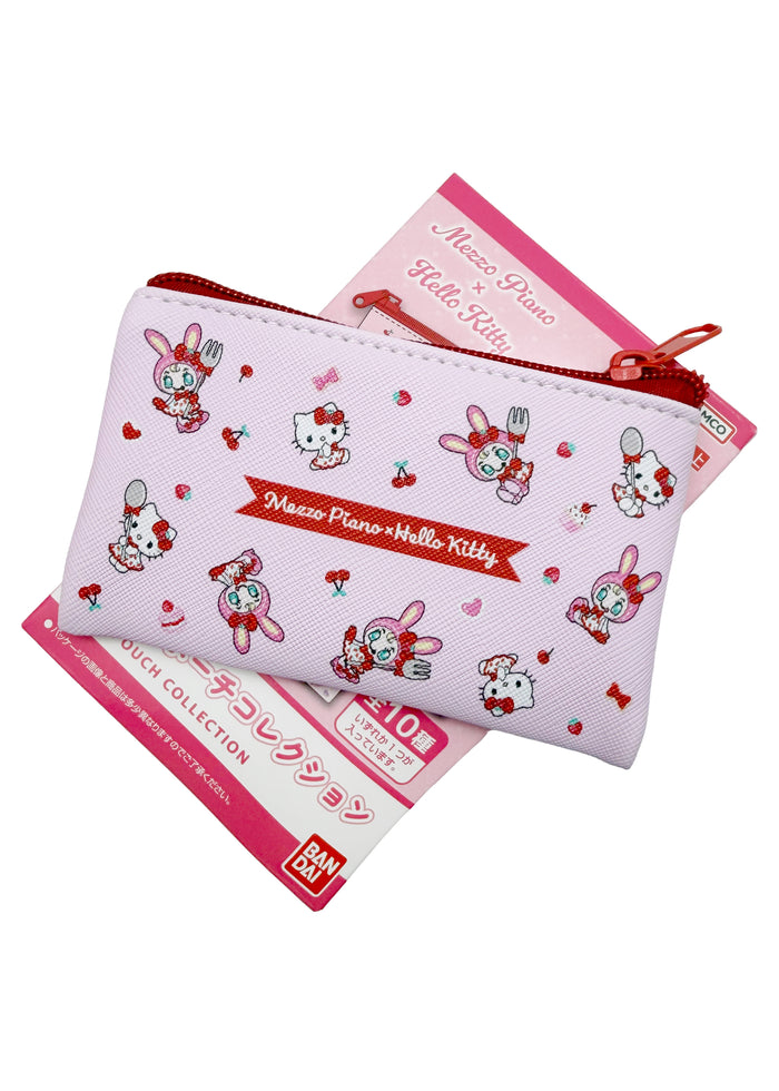Bandai Mezzo Piano x Hello Kitty Mini Pouch Blind Box Single in pink with one surprise Hello Kitty collab mini zipper pouch — side view