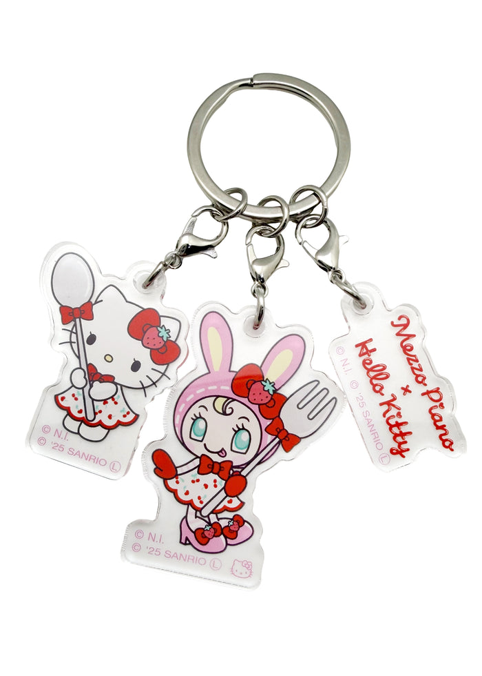 Bandai Mezzo Piano x Hello Kitty Spoon and Fork 3PC Acrylic Keychain in white with Hello Kitty dining theme collab acrylic charm set — front view