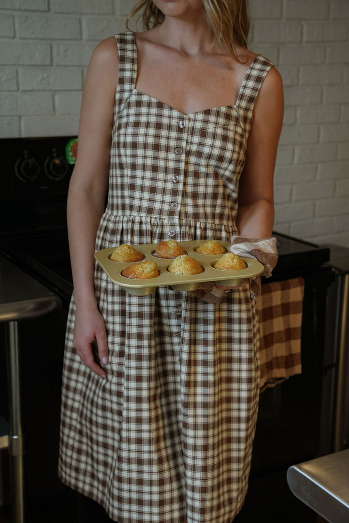 Mia Linen Dress in Brown and Cream Cotton - L Left