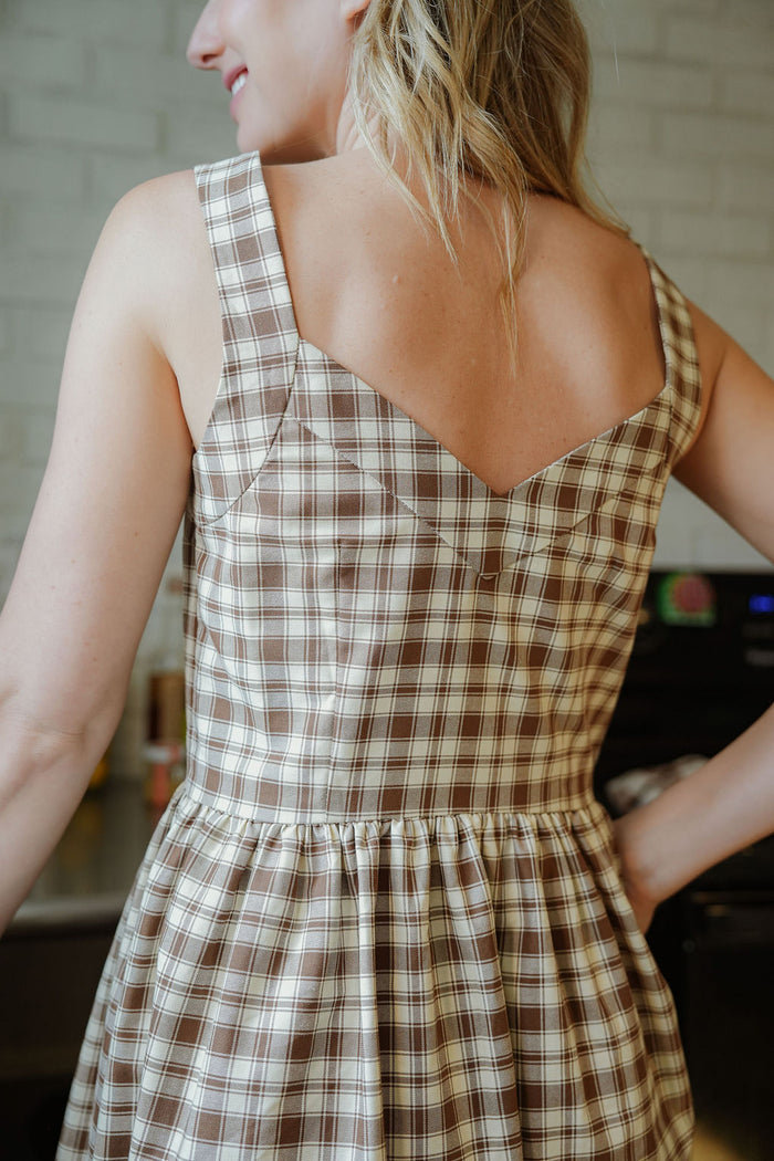 Mia Linen Dress in Brown and Cream Cotton - L Left