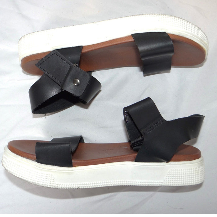 MIA Womens Black Faux Leather Platform Sandals Ankle Strap Hook Loop Size 5.51