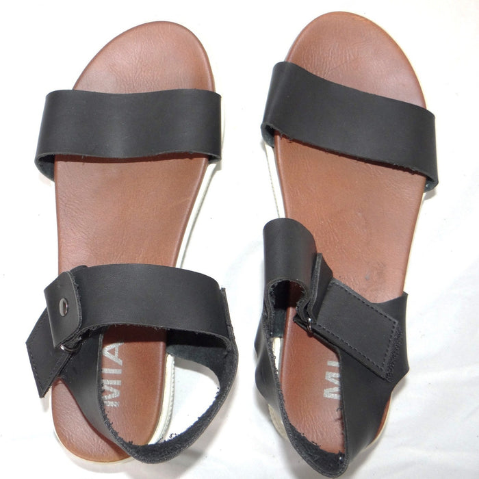 MIA Womens Black Faux Leather Platform Sandals Ankle Strap Hook Loop Size 5.55