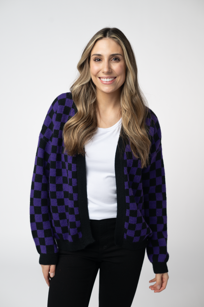 Micro Checkered Cardigan - Black and Purple