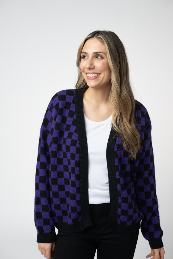 Micro Checkered Cardigan - Black and Purple