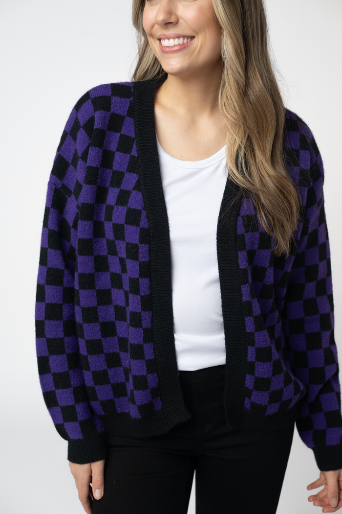 Micro Checkered Cardigan - Black and Purple