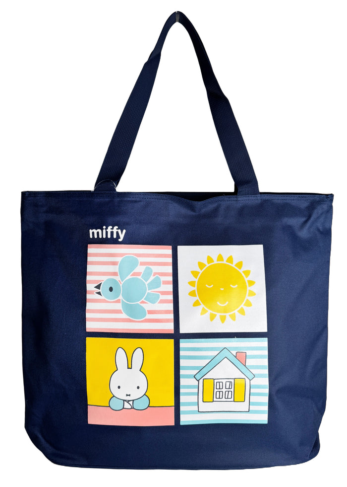 Miffy Beach Day Large Beach Tote in navy with full-front Miffy beach day graphic on durable poly-canvas beach tote bag — front view