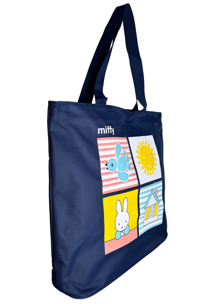 Miffy Beach Day Large Beach Tote in navy with full-front Miffy beach day graphic on durable poly-canvas beach tote bag — side view
