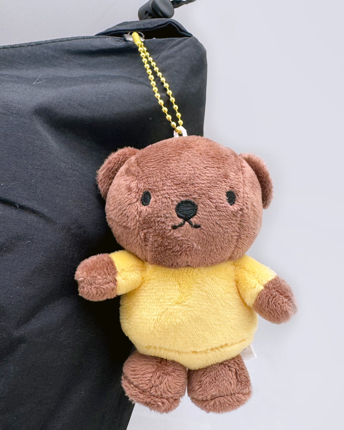 Miffy Boris Bear Plush Mascot Keychain in brown yellow with Boris Bear in soft plush mascot form on ball chain kawaii keychain — model view