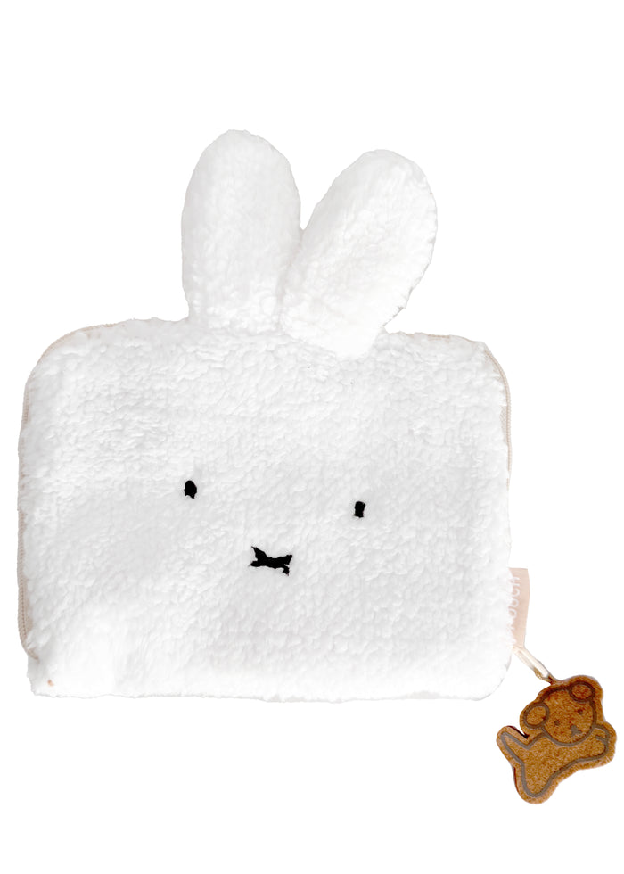 Miffy Face Sherpa Zip Pouch in white with embroidered Miffy face and bunny ears on soft sherpa kawaii zip pouch — front view