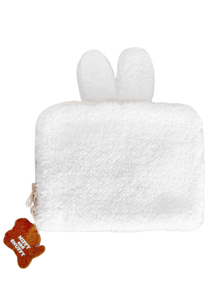 Miffy Face Sherpa Zip Pouch in white with embroidered Miffy face and bunny ears on soft sherpa kawaii zip pouch — back view