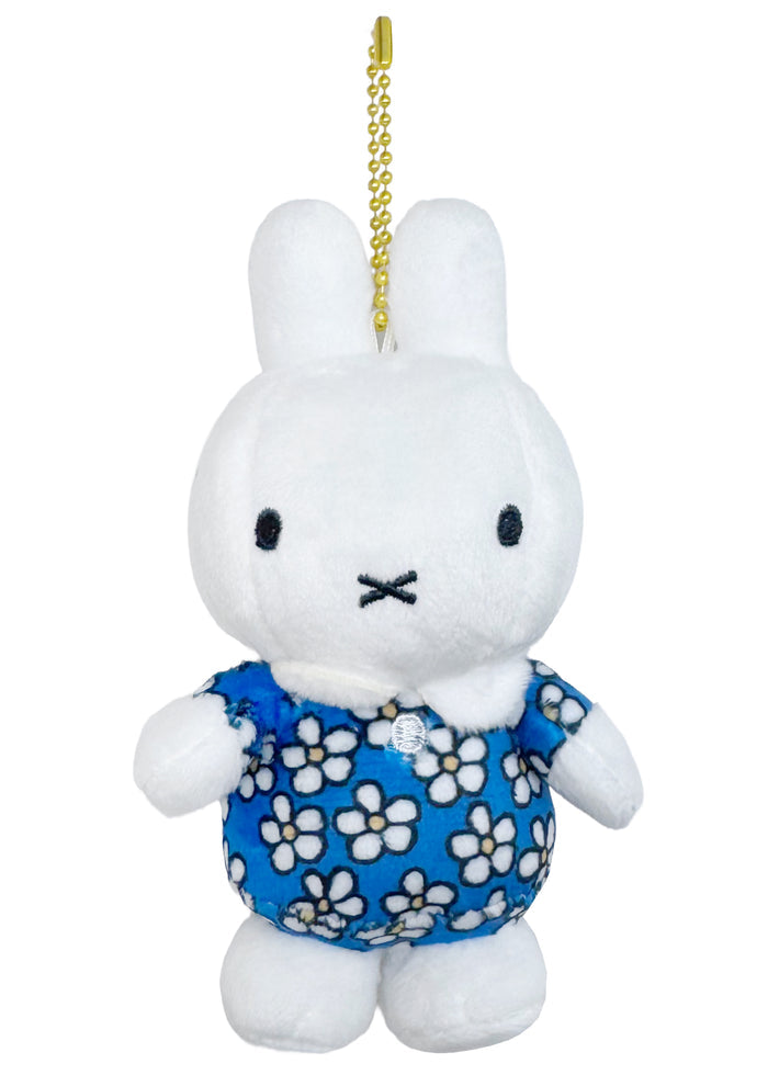 Miffy Flower Plush Mascot Keychain in white blue with Miffy in floral dress on soft plush mascot kawaii keychain — front view