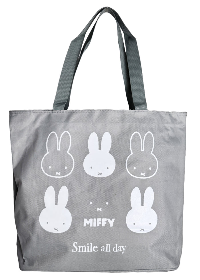 Miffy Smile Large Beach Tote in grey with full-front Miffy smile graphic on durable poly-canvas beach tote bag — front view