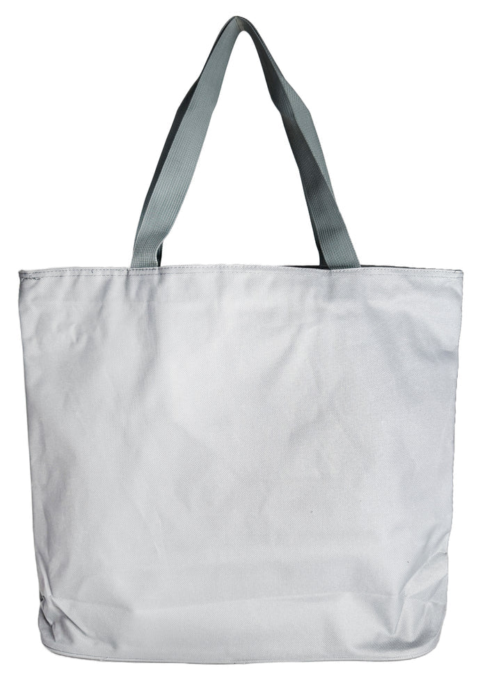 Miffy Smile Large Beach Tote in grey with full-front Miffy smile graphic on durable poly-canvas beach tote bag — back view