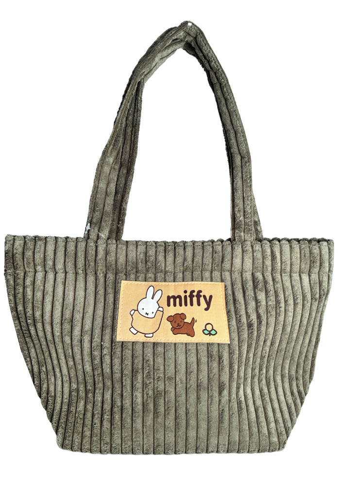 Miffy & Snuffy Olive Corduroy Tote in olive with Miffy and Snuffy woven patch on soft corduroy festival tote bag — front view