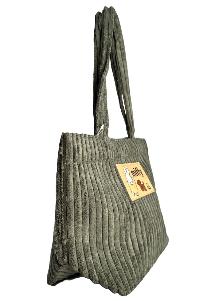 Miffy & Snuffy Olive Corduroy Tote in olive with Miffy and Snuffy woven patch on soft corduroy festival tote bag — side view