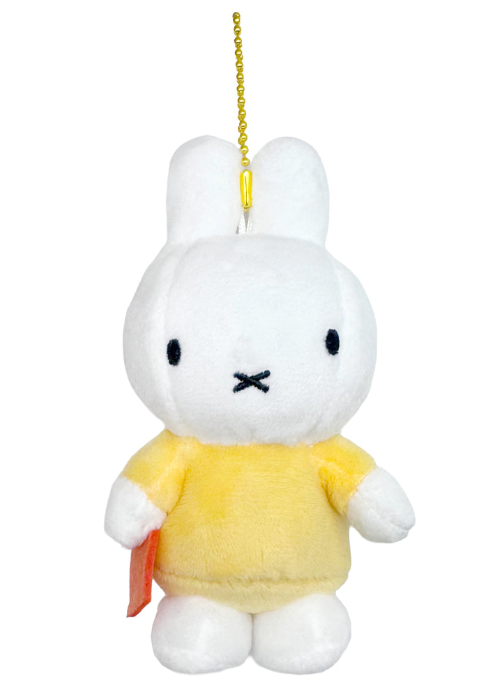 Miffy Yellow Plush Mascot Keychain in white yellow with Miffy in yellow outfit on soft plush mascot kawaii keychain — front view