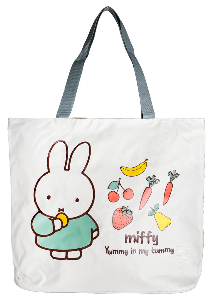 Miffy Yum Yum Large Beach Tote in white multi with full-front Miffy yum yum graphic on durable poly-canvas beach tote bag — front view