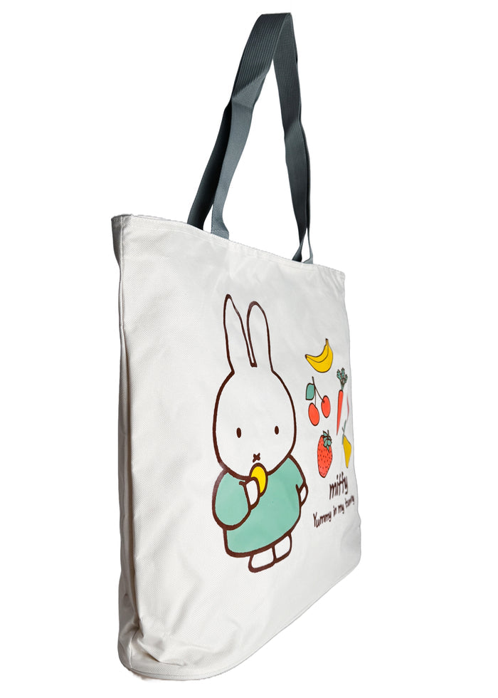Miffy Yum Yum Large Beach Tote in white multi with full-front Miffy yum yum graphic on durable poly-canvas beach tote bag — side view
