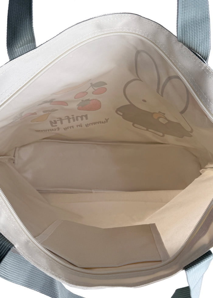 Miffy Yum Yum Large Beach Tote in white multi with full-front Miffy yum yum graphic on durable poly-canvas beach tote bag — print detail view