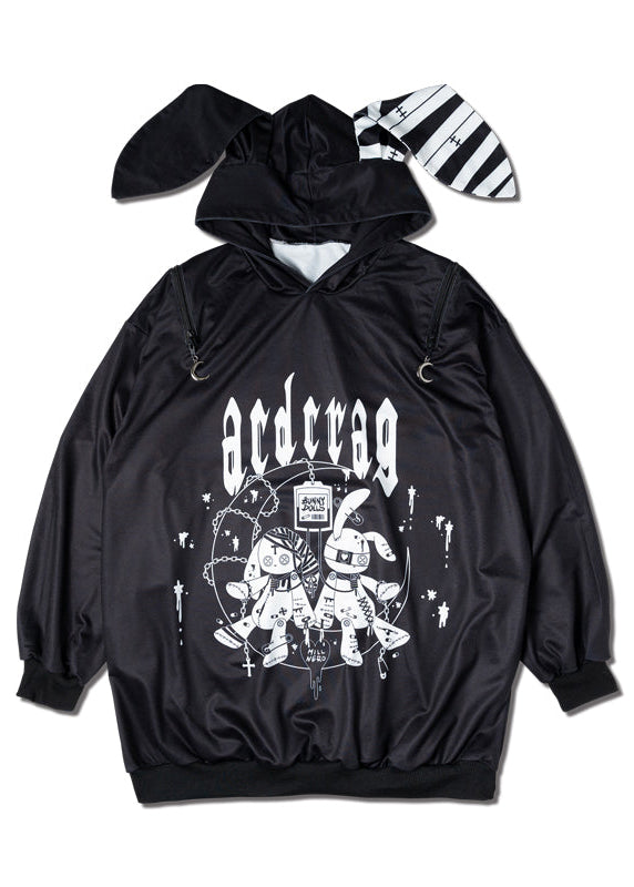 ACDC Rag Mill & Nero Moon Bunny Black White Oversized Hoodie with 3D bunny ears — front view